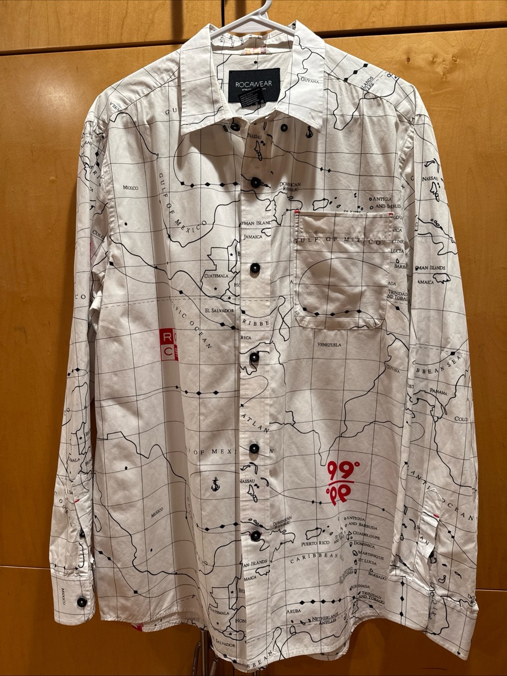 Rocawear Men Vintage White Caribbean Map Print Button-Up Shirt & Red Patches XL